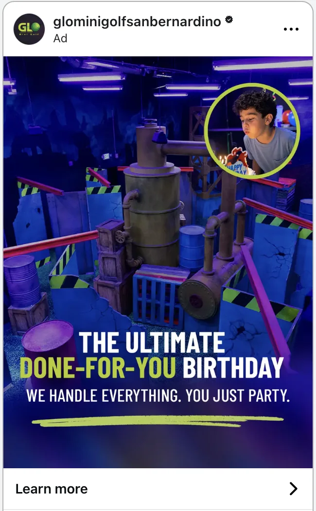 GLO Mini Golf birthday party ad as an Instagram placement